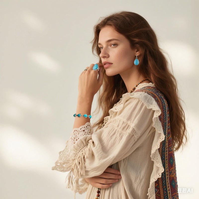 JMScape 4 PCS Western Turquoise Jewelry for Women Boho Vintage Navajo Pearl Necklace Earring Bracelet Ring Set Country Cowgirl Accessories for Gift - Image 3